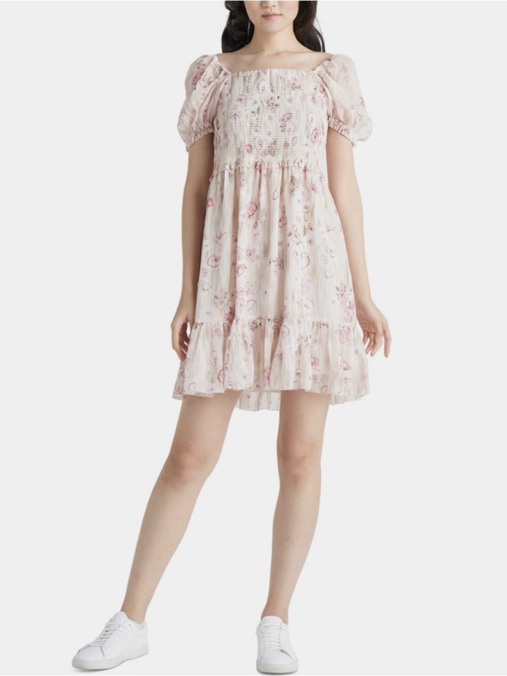 Black Tape | Floral Smocked Tiered Maxi Dress Pink Cream Puff Sleeve Cottagecore